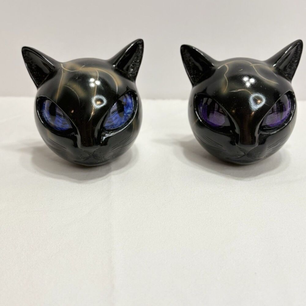Black Cat Head Sculpture Lot Of 2 Wood/Plastic